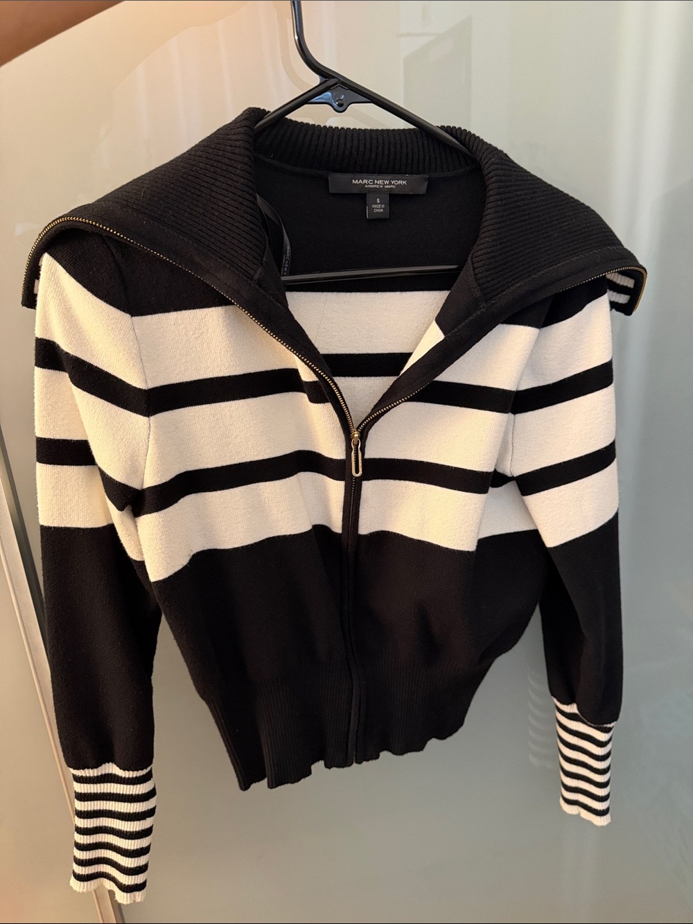 Marc New York Black and White Striped Zip-Front Cardigan